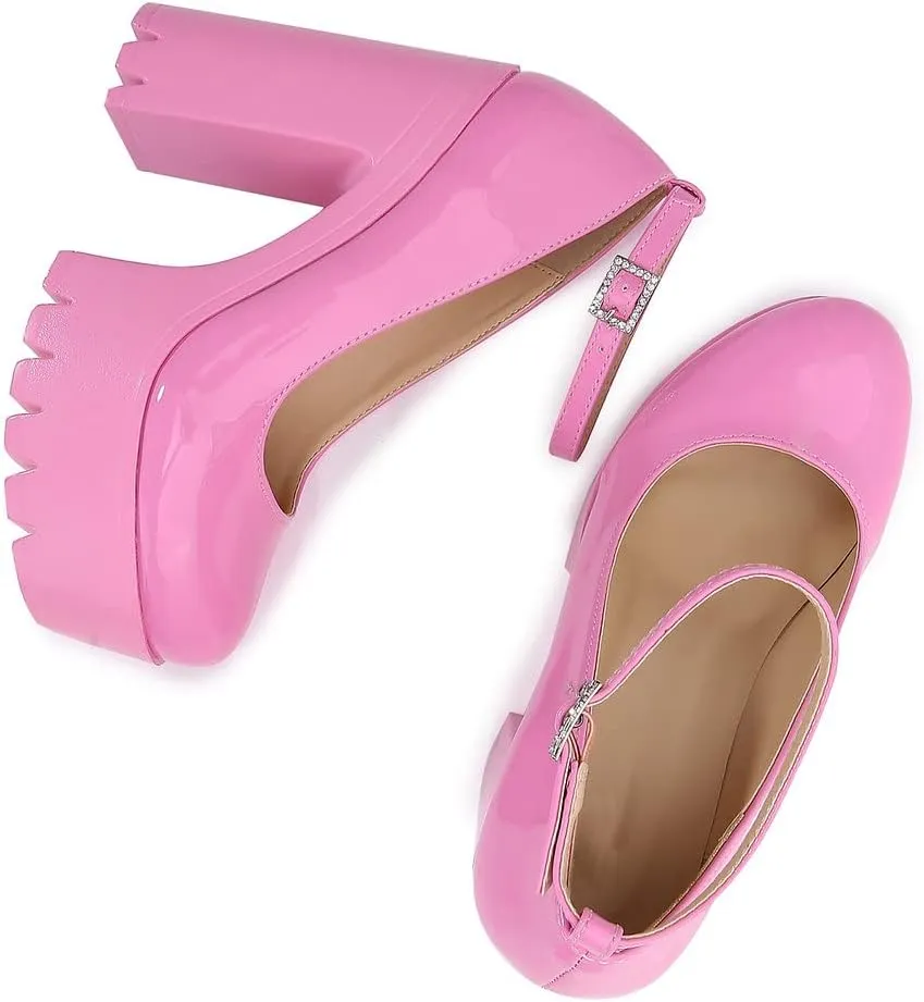 LizFoYa Women Fashion Platform Pumps Chunky High Heels Round Toe Retro Bold Pink Party Prom Club Patent Leather Shoes