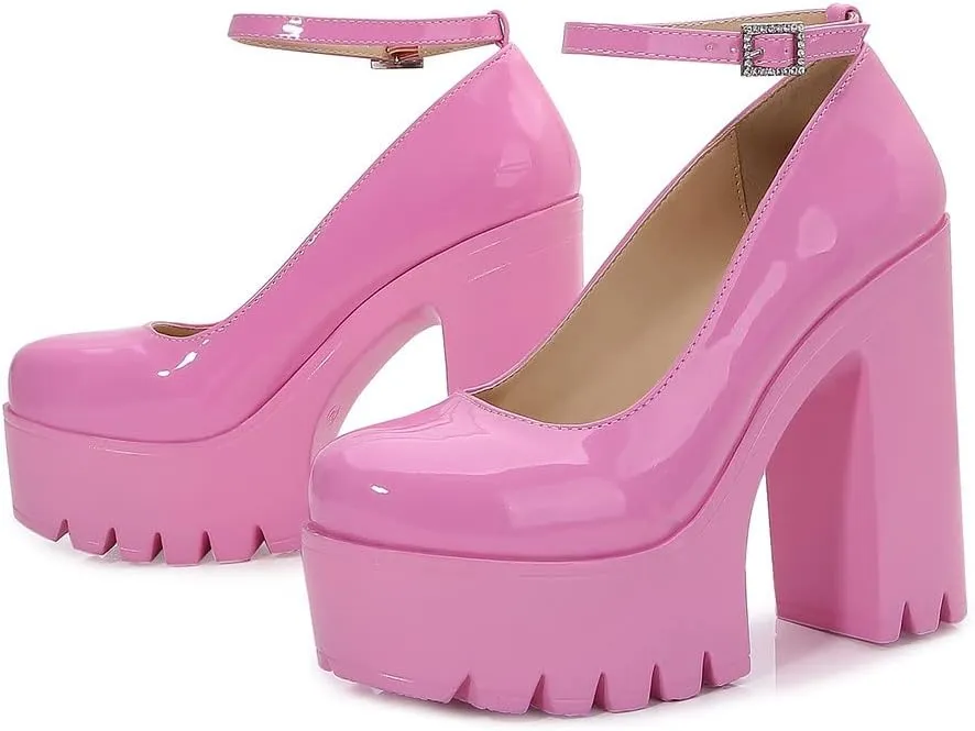 LizFoYa Women Fashion Platform Pumps Chunky High Heels Round Toe Retro Bold Pink Party Prom Club Patent Leather Shoes