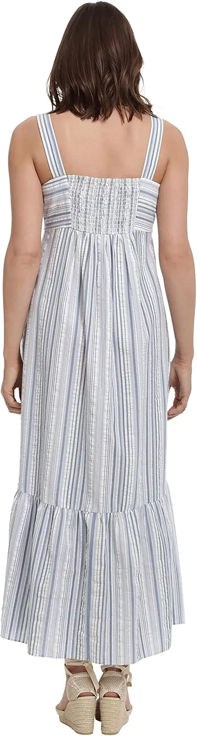 London Times Women's Cotton Smocked Back Babydoll Tiered Maxi Dress