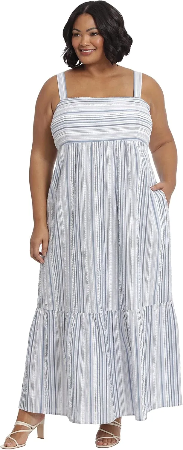 London Times Women's Cotton Smocked Back Babydoll Tiered Maxi Dress