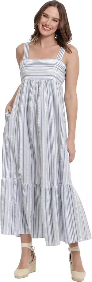 London Times Women's Cotton Smocked Back Babydoll Tiered Maxi Dress