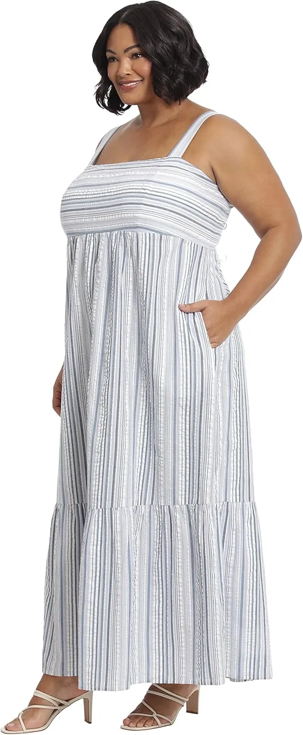 London Times Women's Cotton Smocked Back Babydoll Tiered Maxi Dress