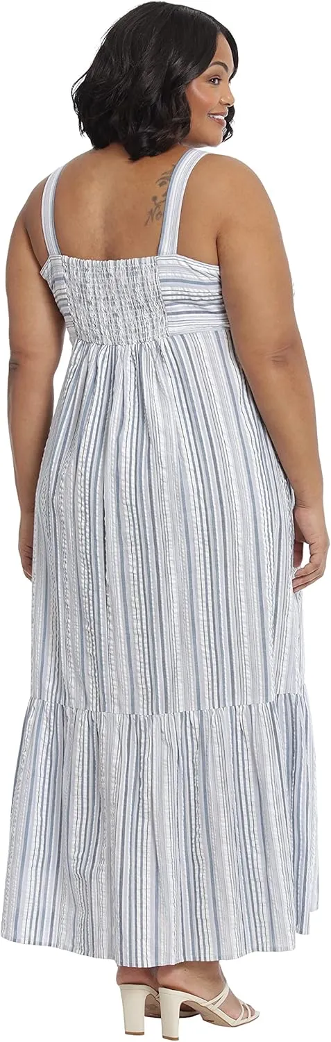 London Times Women's Cotton Smocked Back Babydoll Tiered Maxi Dress