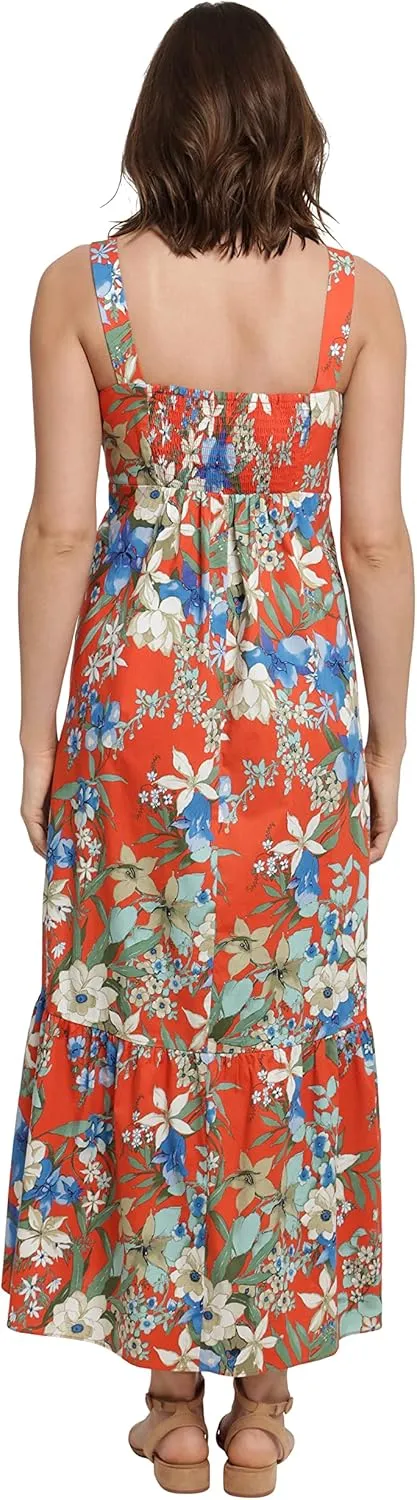 London Times Women's Cotton Smocked Back Babydoll Tiered Maxi Dress