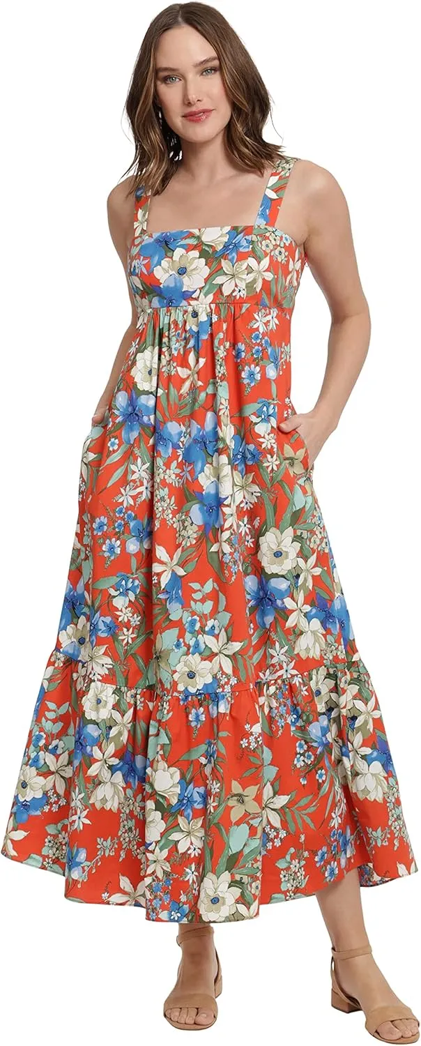 London Times Women's Cotton Smocked Back Babydoll Tiered Maxi Dress