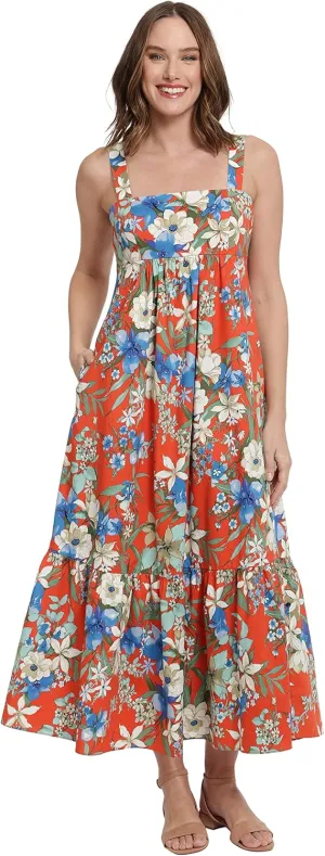 London Times Women's Cotton Smocked Back Babydoll Tiered Maxi Dress