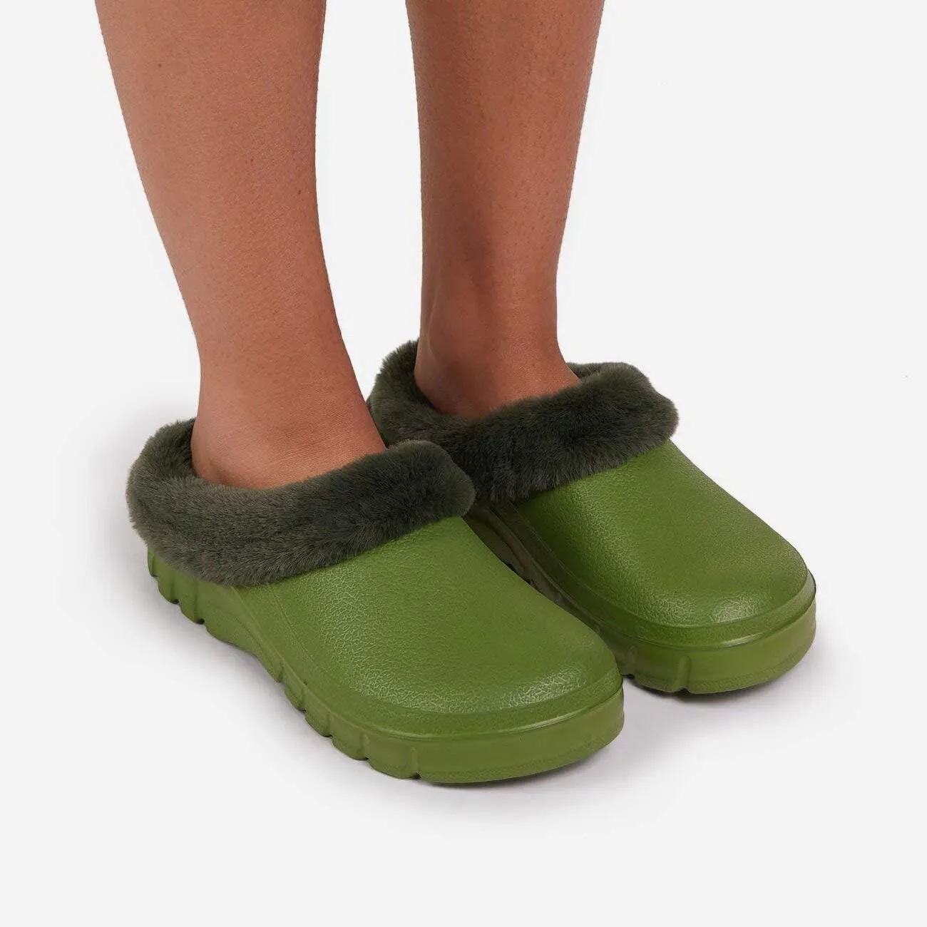 Luxemoda Women's Muffin Fluffy Faux Fur Trim Flat Rubber Mule Waterproof House Slipper
