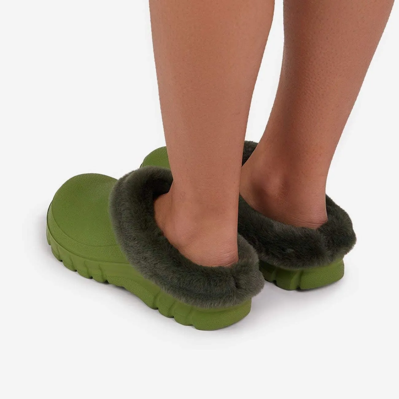 Luxemoda Women's Muffin Fluffy Faux Fur Trim Flat Rubber Mule Waterproof House Slipper