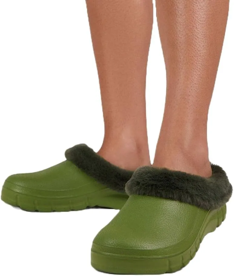 Luxemoda Women's Muffin Fluffy Faux Fur Trim Flat Rubber Mule Waterproof House Slipper