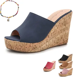 Lymphvity Women's Peep Toe Cork Platform Wedge Mule Sandals,Summer Fish Mouth Slip On High Heel Beach Slides Comfort Dress Sandals