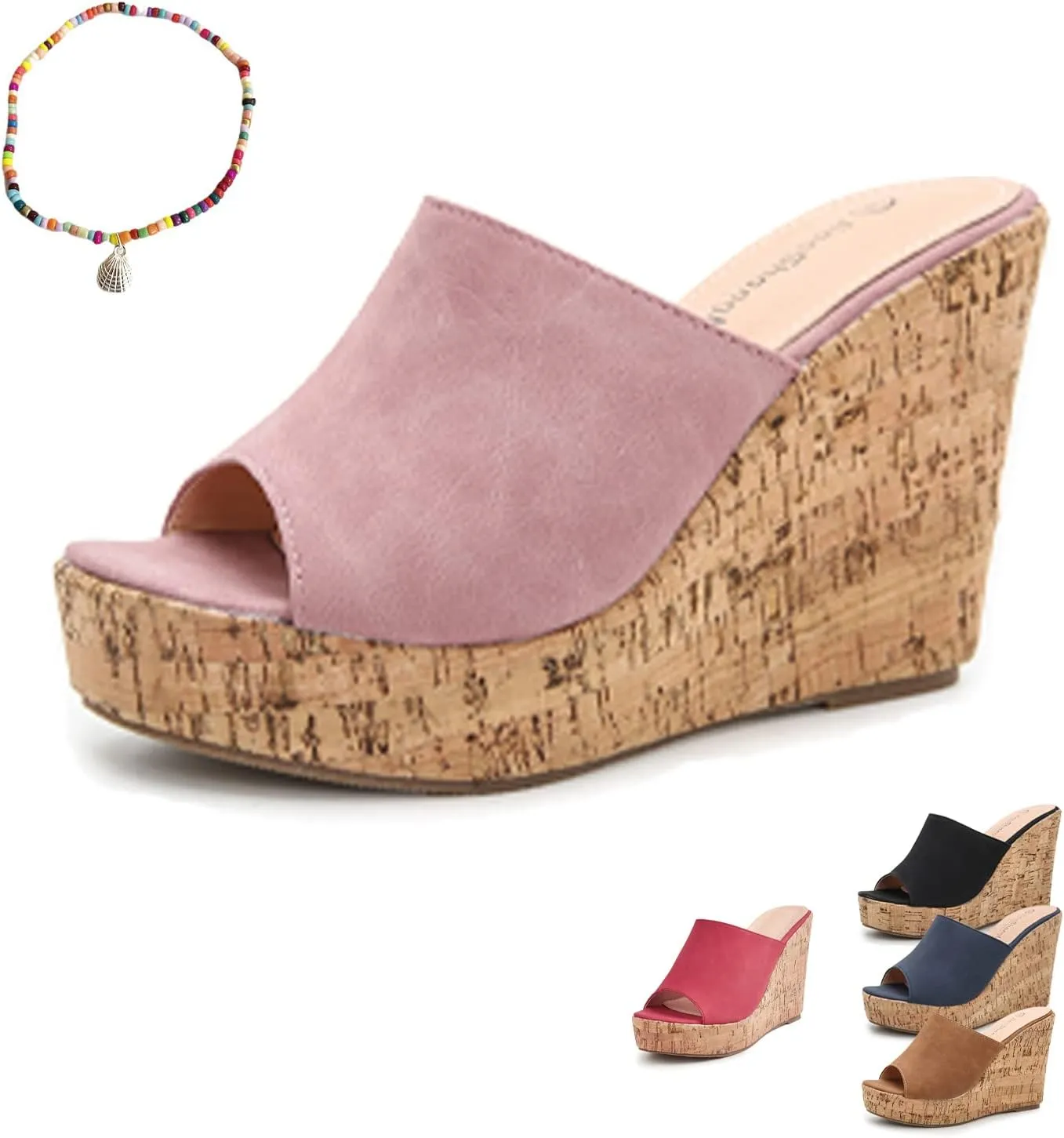 Lymphvity Women's Peep Toe Cork Platform Wedge Mule Sandals,Summer Fish Mouth Slip On High Heel Beach Slides Comfort Dress Sandals