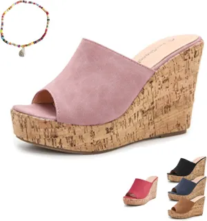 Lymphvity Women's Peep Toe Cork Platform Wedge Mule Sandals,Summer Fish Mouth Slip On High Heel Beach Slides Comfort Dress Sandals