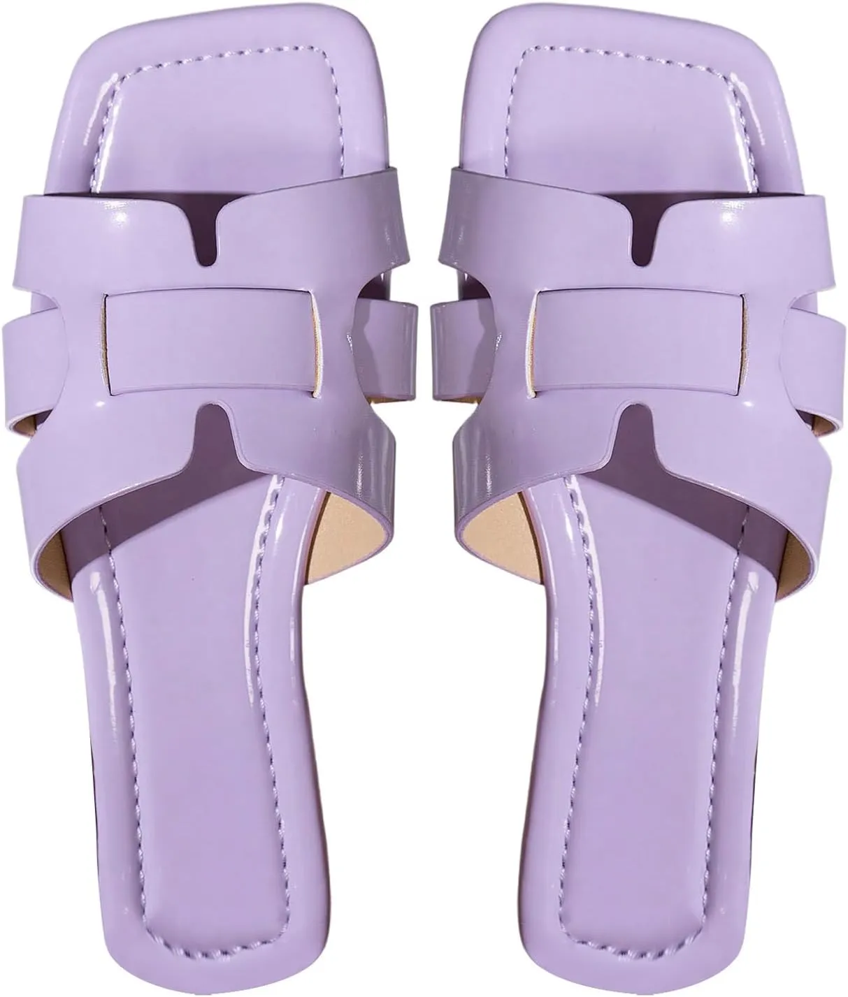 MakeMeChic Women's PU Leather Flat Sandals Square Open Toe Slip on Sandals Summer Shoes