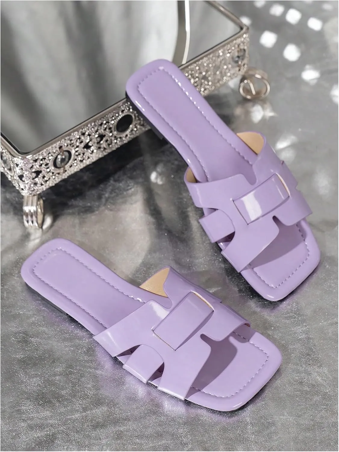 MakeMeChic Women's PU Leather Flat Sandals Square Open Toe Slip on Sandals Summer Shoes