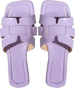 MakeMeChic Women's PU Leather Flat Sandals Square Open Toe Slip on Sandals Summer Shoes