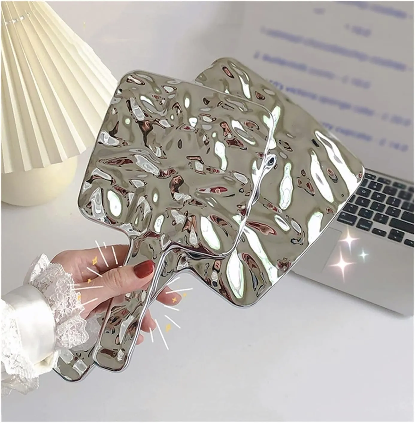 Makeup Mirror Simple Handle Mirror Female Portable Makeup Mirror Handheld Makeup Mirror Small Mirror Round Makeup Mirror (Silver) Vanity Mirror(Medium)