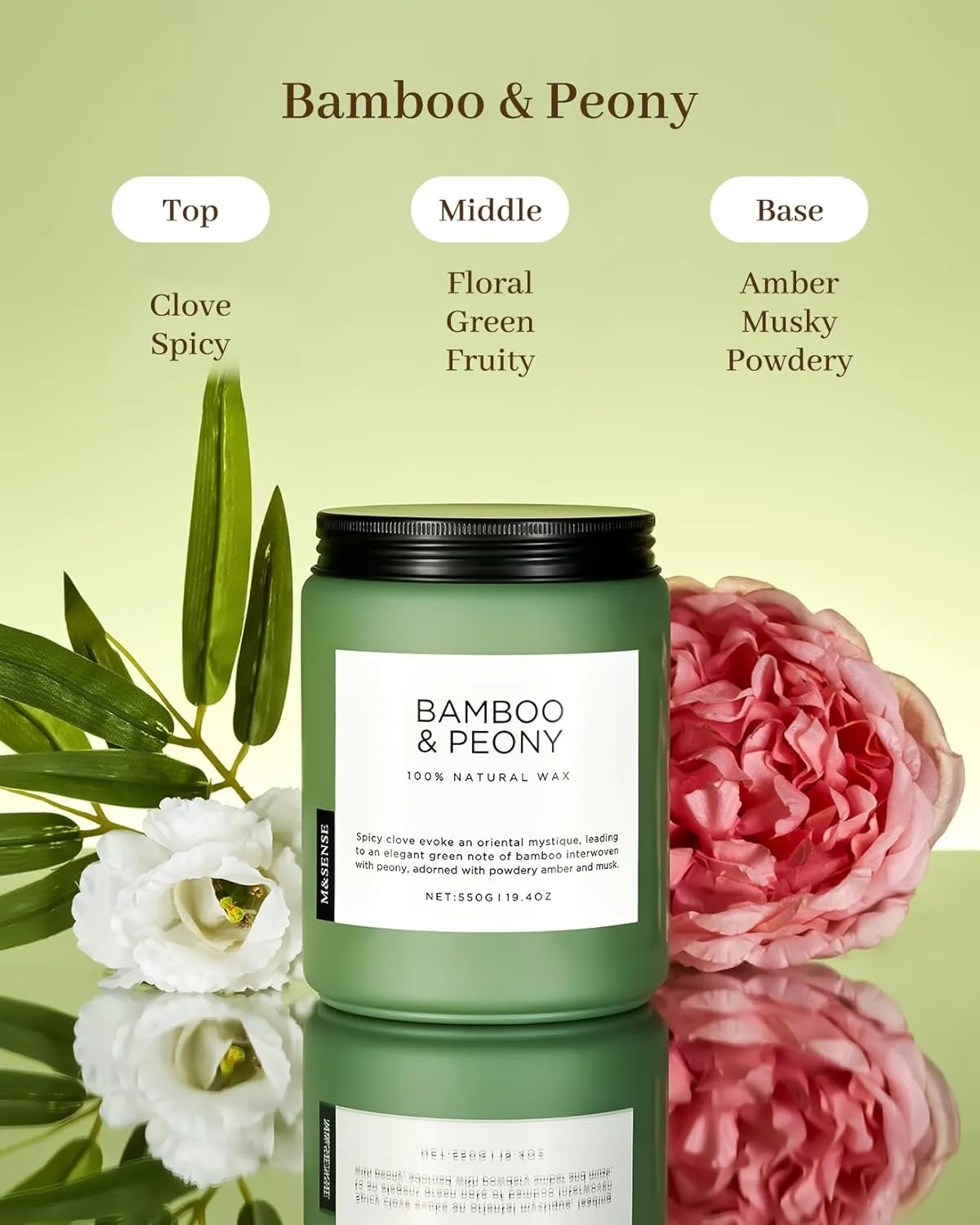 M&SENSE Bamboo Peony Spring Large Jar Candles for Home Scented 19.4 Ounces 110 Hour Long Lasting Burn, Natural Organic Soy Wax Gifts for Women, Fresh Smelling Aromatherapy Candle for Stress Relief