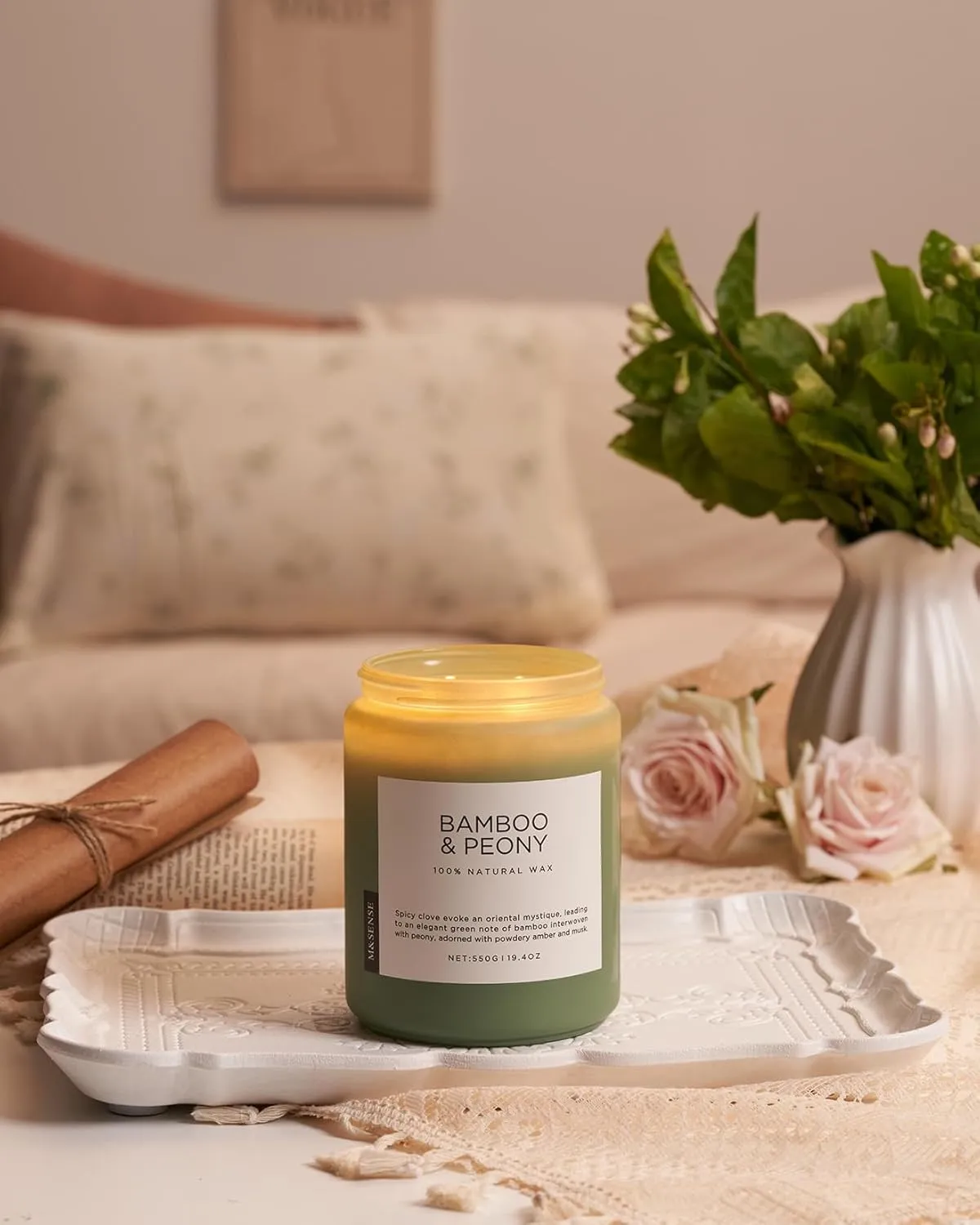 M&SENSE Bamboo Peony Spring Large Jar Candles for Home Scented 19.4 Ounces 110 Hour Long Lasting Burn, Natural Organic Soy Wax Gifts for Women, Fresh Smelling Aromatherapy Candle for Stress Relief