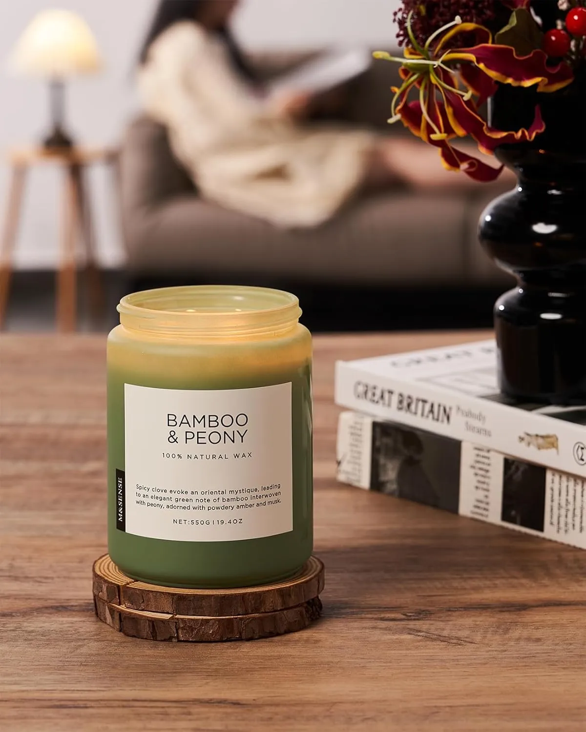 M&SENSE Bamboo Peony Spring Large Jar Candles for Home Scented 19.4 Ounces 110 Hour Long Lasting Burn, Natural Organic Soy Wax Gifts for Women, Fresh Smelling Aromatherapy Candle for Stress Relief