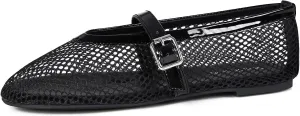 MaxMuxun Women's Flats Mesh Ballet Flats Round Toe Buckle Strap Comfortable Causal Dress Flats Shoes Black Size 10