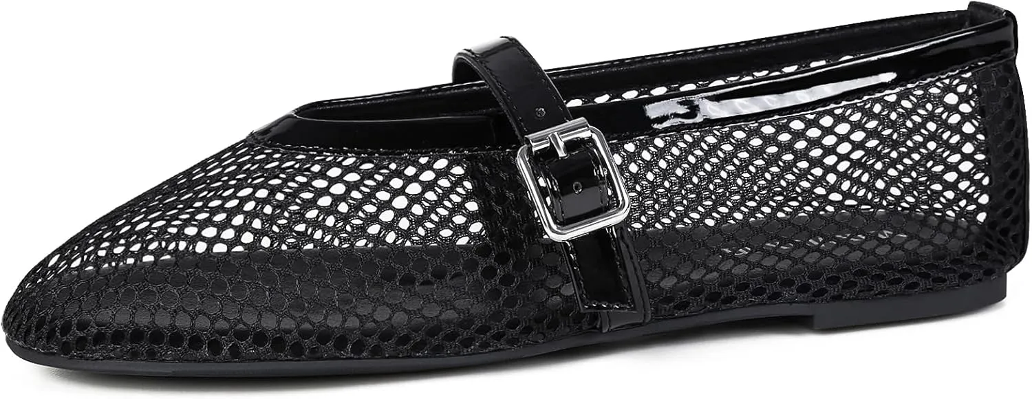 MaxMuxun Women's Flats Mesh Ballet Flats Round Toe Buckle Strap Comfortable Causal Dress Flats Shoes Black Size 10
