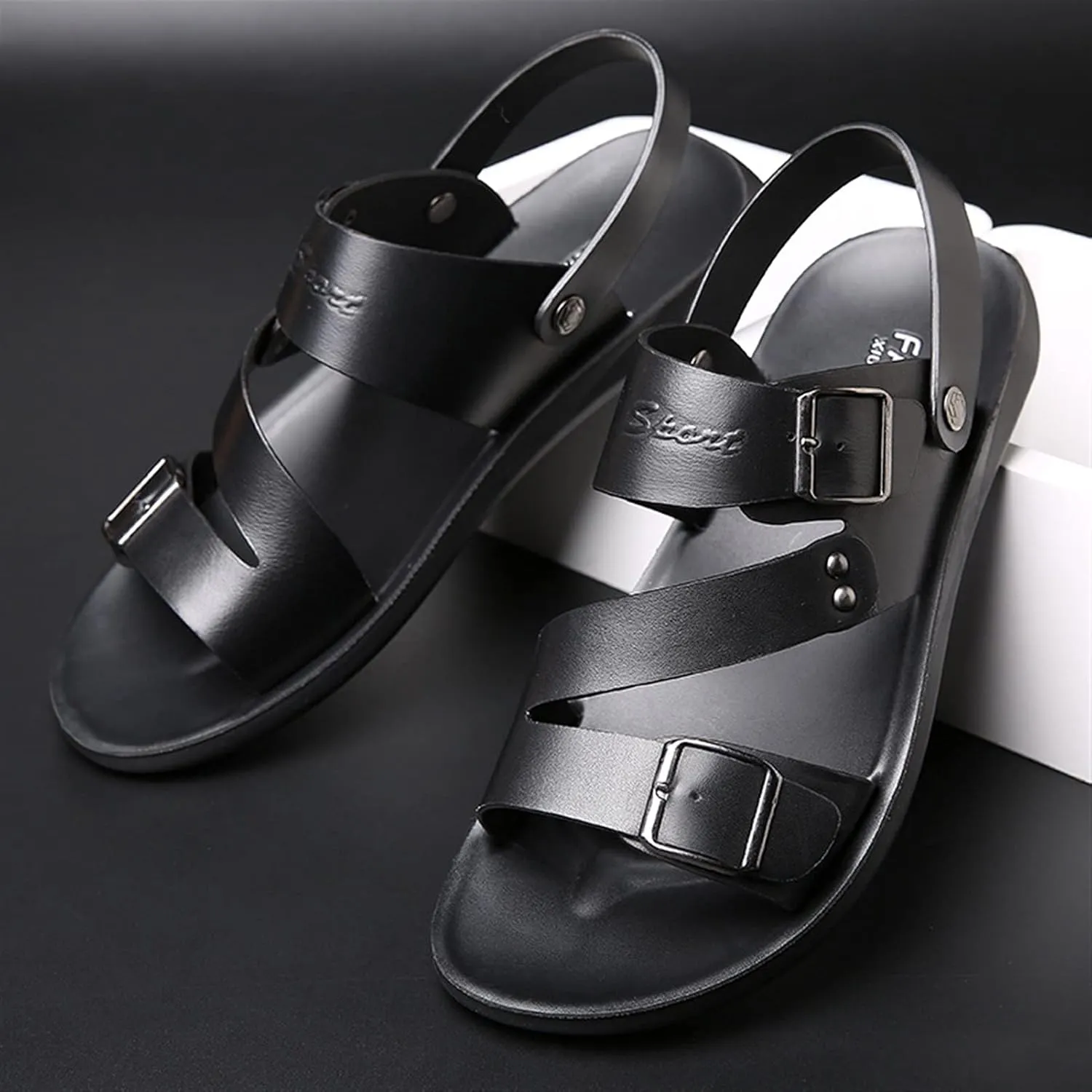 Men's Cut Out Sandal Casual Dual Use Beach Slipper Genuine Leather Open Toe Double Monk Strap Buckle Thick Sole Rivet Solid Color anti-slip