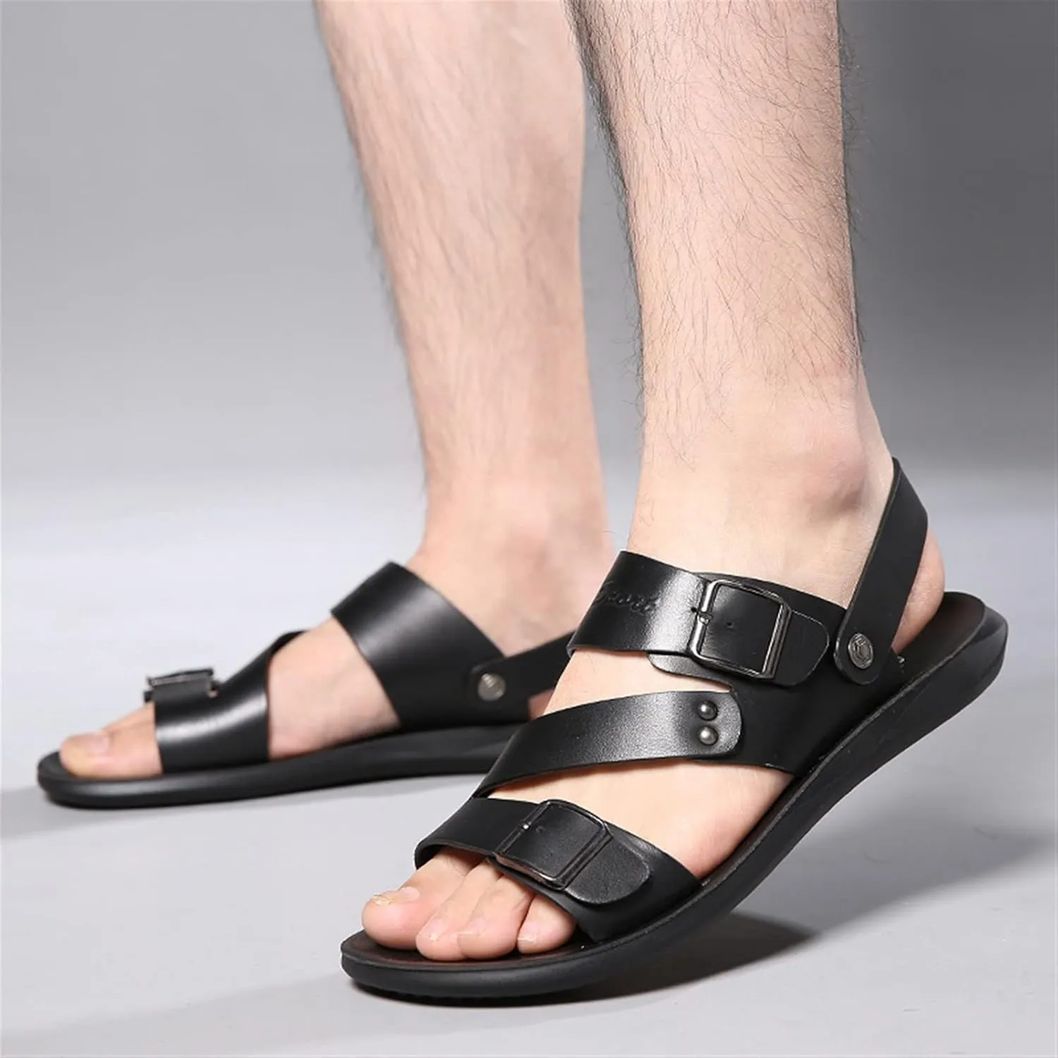 Men's Cut Out Sandal Casual Dual Use Beach Slipper Genuine Leather Open Toe Double Monk Strap Buckle Thick Sole Rivet Solid Color anti-slip
