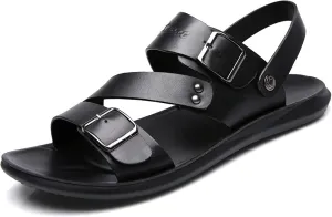 Men's Cut Out Sandal Casual Dual Use Beach Slipper Genuine Leather Open Toe Double Monk Strap Buckle Thick Sole Rivet Solid Color anti-slip