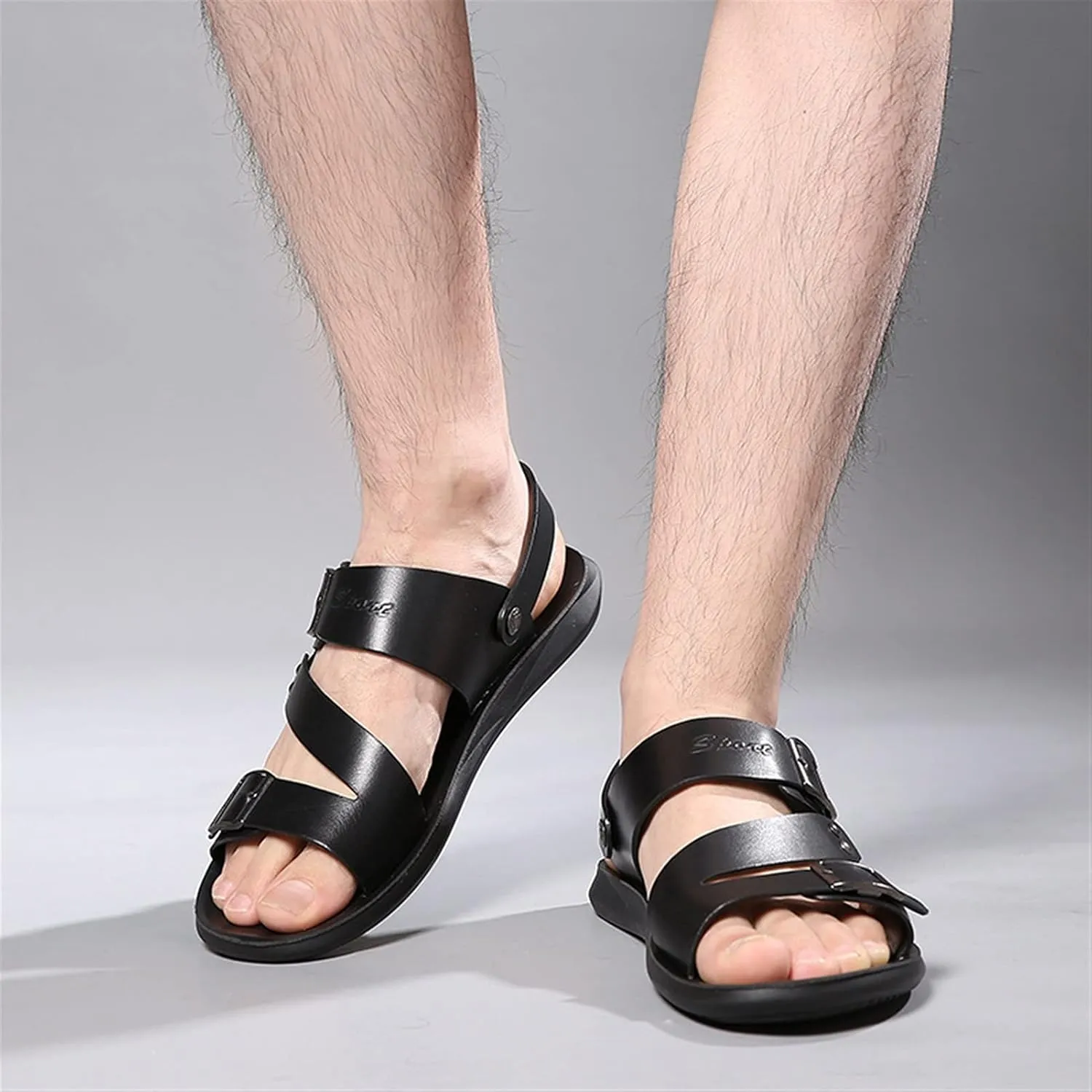 Men's Cut Out Sandal Casual Dual Use Beach Slipper Genuine Leather Open Toe Double Monk Strap Buckle Thick Sole Rivet Solid Color anti-slip