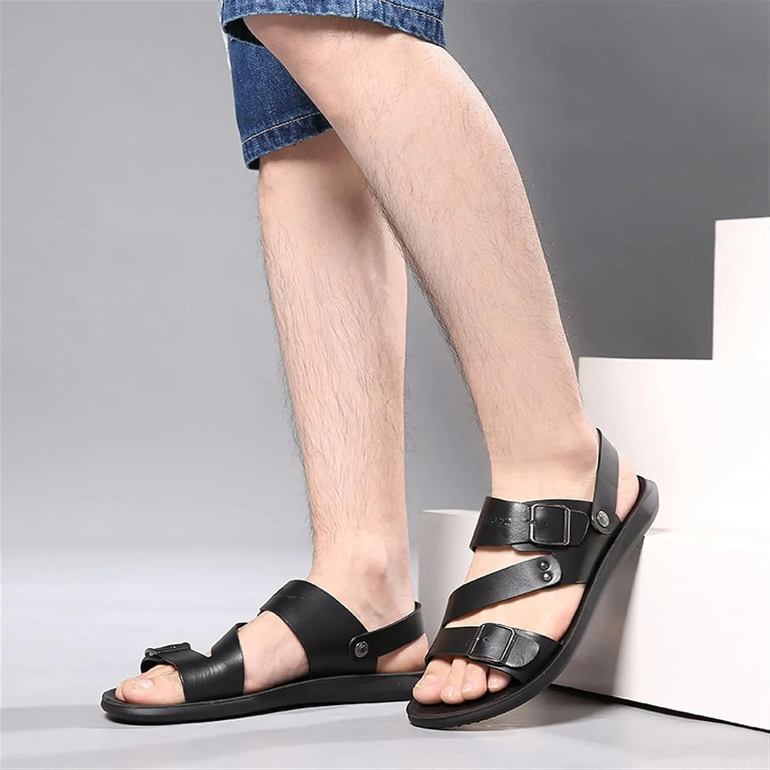 Men's Cut Out Sandal Casual Dual Use Beach Slipper Genuine Leather Open Toe Double Monk Strap Buckle Thick Sole Rivet Solid Color anti-slip
