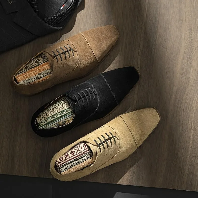Men's Leather Shoes Oxford Shoes Business Shoes Casual Mode Square Toe Lace-Up Wedge Flat Suede Finish Vintage Design Skin-Friendly Lining Handcrafted Stitching