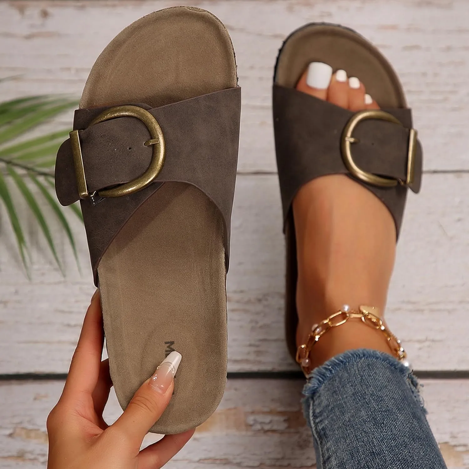 Merking Women's Cork Footbed Sandal Adjustable Buckle Beach Casual Open Toe Slides