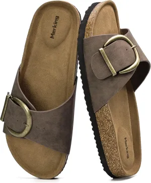 Merking Women's Cork Footbed Sandal Adjustable Buckle Beach Casual Open Toe Slides