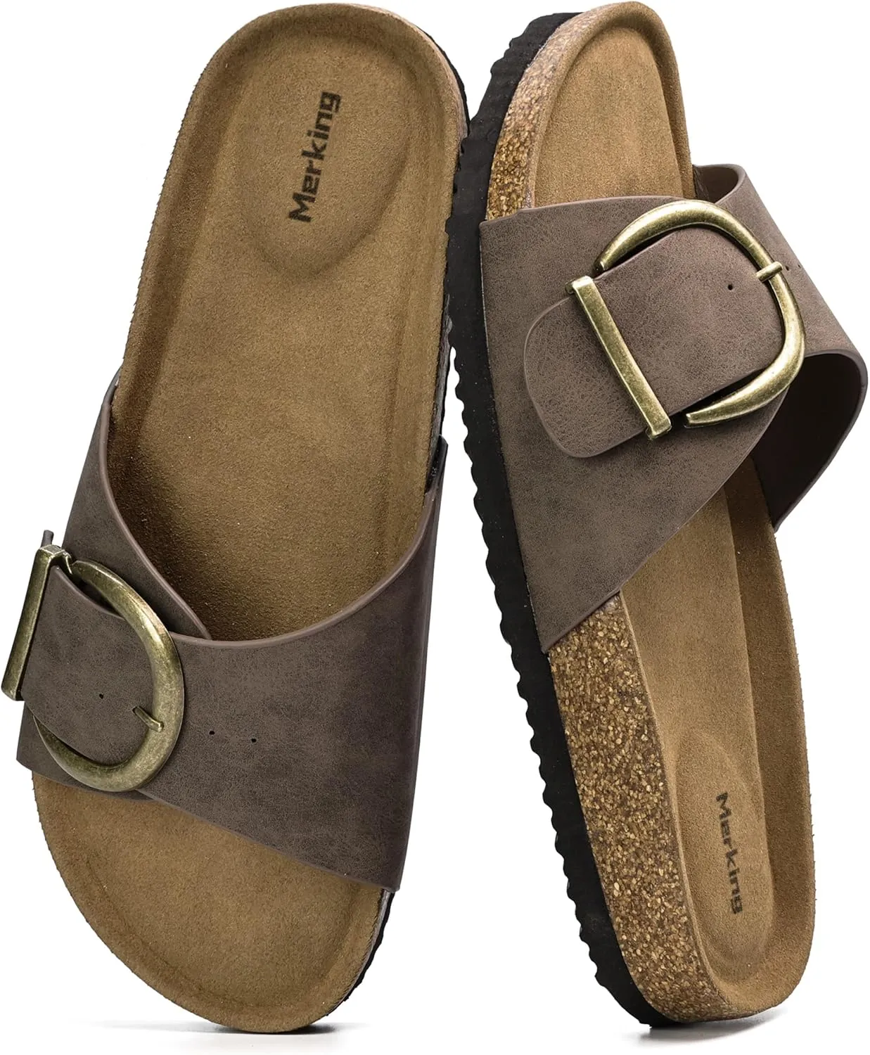 Merking Women's Cork Footbed Sandal Adjustable Buckle Beach Casual Open Toe Slides