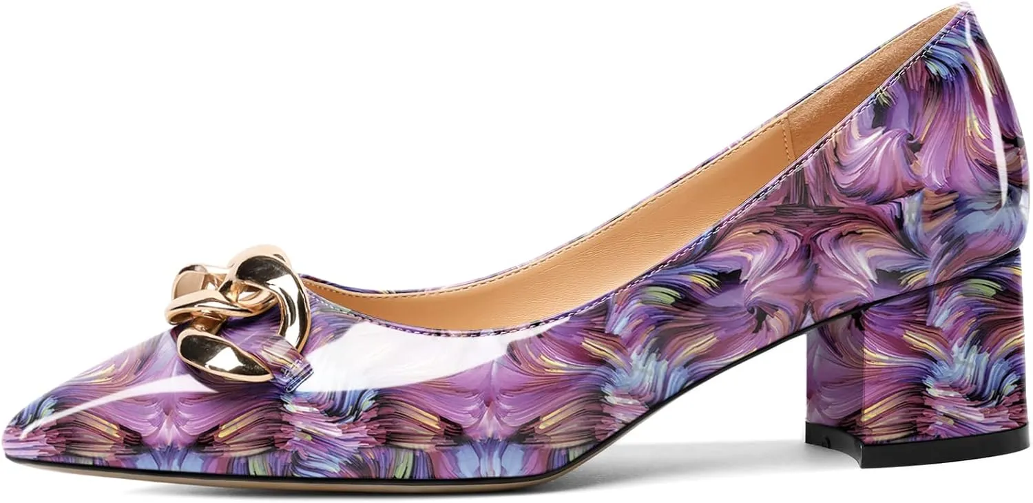 Mettesally Women's Block Heel Pumps Pointed Toe Mid Heels Heeled Pumps Low Heels with Metal Chain Dressy Wedding Party Shoes