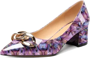 Mettesally Women's Block Heel Pumps Pointed Toe Mid Heels Heeled Pumps Low Heels with Metal Chain Dressy Wedding Party Shoes