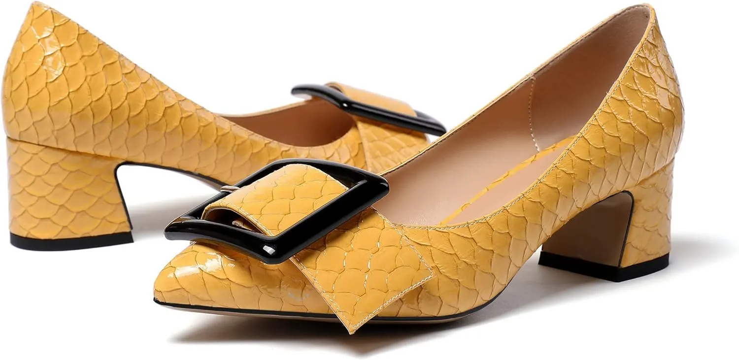 Mettesally Women's Block Heels Chunky Heel Pumps Classic Pointed Toe Slip On Buckle Wedding Office Dress Shoes