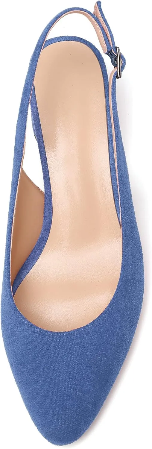 Mettesally Women's Block Slingback Heels Pumps Ankle Strap Round Closed Toe Chunky Heels Wedding Office Dress Shoes