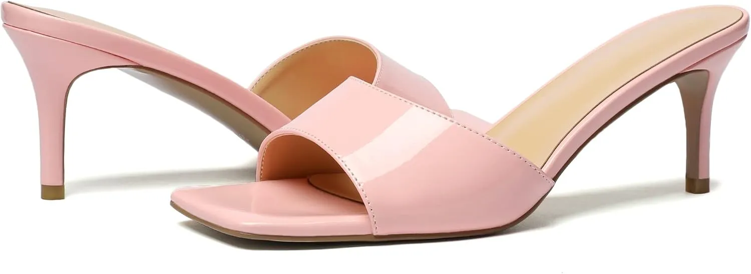 Mettesally Women’s Kitten Mid Heel Mules Square Open Toe Heeled Slippers Slip-on Backless Sandals Comfort Party Slides Shoes