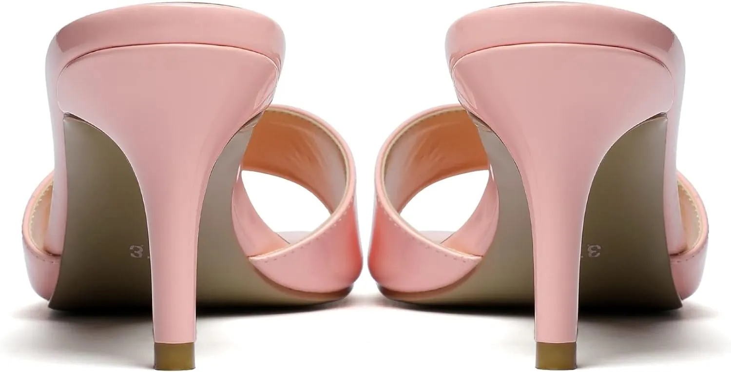 Mettesally Women’s Kitten Mid Heel Mules Square Open Toe Heeled Slippers Slip-on Backless Sandals Comfort Party Slides Shoes