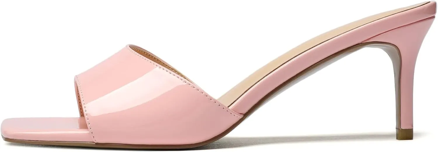 Mettesally Women’s Kitten Mid Heel Mules Square Open Toe Heeled Slippers Slip-on Backless Sandals Comfort Party Slides Shoes