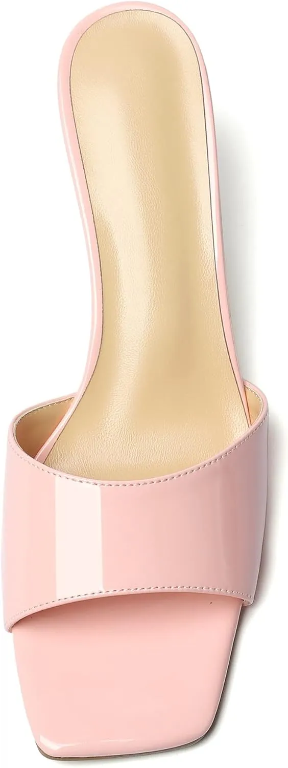 Mettesally Women’s Kitten Mid Heel Mules Square Open Toe Heeled Slippers Slip-on Backless Sandals Comfort Party Slides Shoes