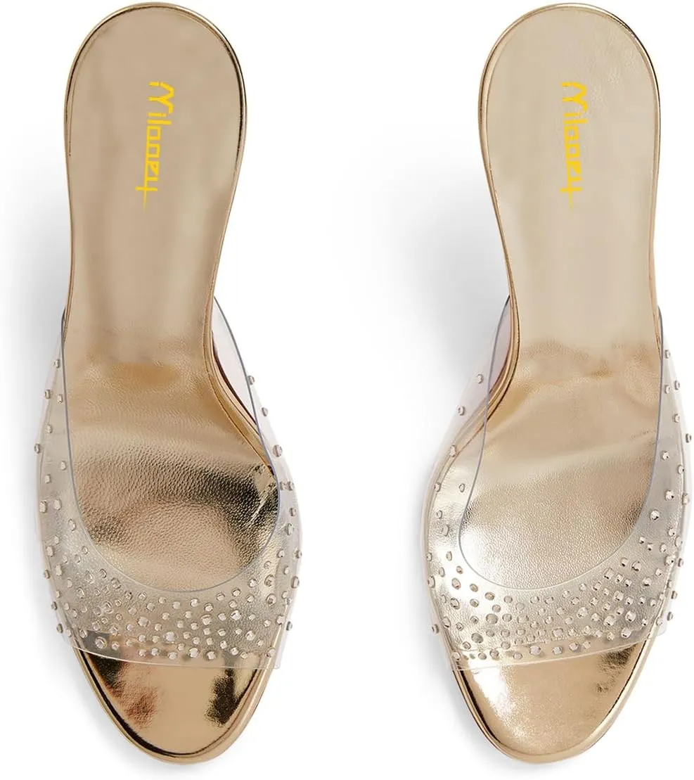 Milooey shoes Women's Peep Toe Mule Heels Clear Strap Slide Sandals Sparkly Rhinestone Studded High Stiletto Slip On Dressy Party Wedding Shoes Size 4-16 US
