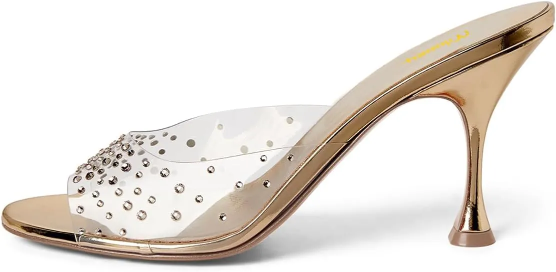 Milooey shoes Women's Peep Toe Mule Heels Clear Strap Slide Sandals Sparkly Rhinestone Studded High Stiletto Slip On Dressy Party Wedding Shoes Size 4-16 US