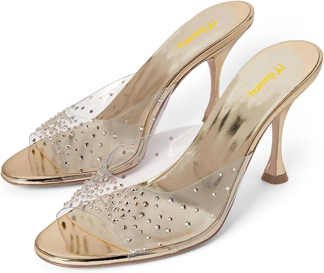 Milooey shoes Women's Peep Toe Mule Heels Clear Strap Slide Sandals Sparkly Rhinestone Studded High Stiletto Slip On Dressy Party Wedding Shoes Size 4-16 US