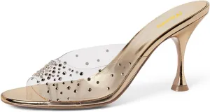 Milooey shoes Women's Peep Toe Mule Heels Clear Strap Slide Sandals Sparkly Rhinestone Studded High Stiletto Slip On Dressy Party Wedding Shoes Size 4-16 US