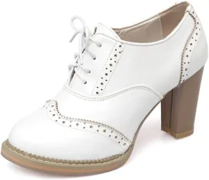 MIOKE Women's Chunky High Heel Oxford Pump Lace Up Wingtip Perforated Platform Brogues Vintage Dress Shoes