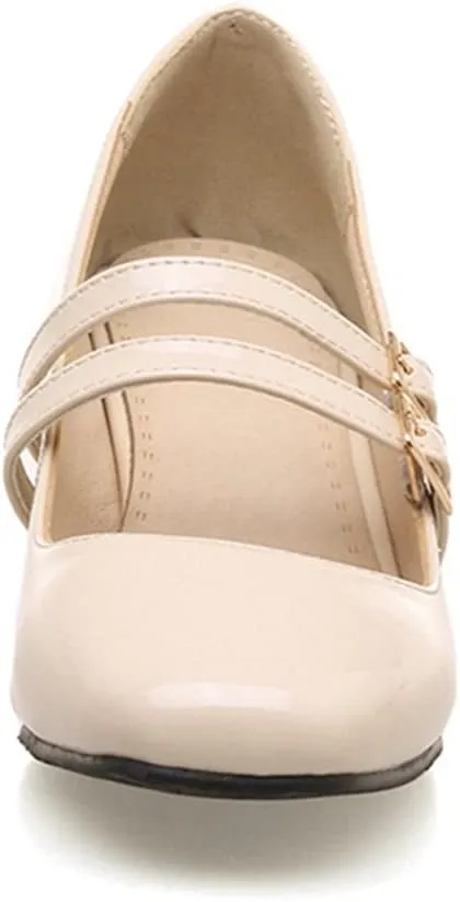 MIOKE Women's Mary Jane Pump Oxford Square Toe Patent Leather Buckle Strap Chunky Mid Heel Retro Dress Shoes