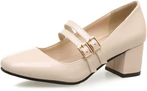 MIOKE Women's Mary Jane Pump Oxford Square Toe Patent Leather Buckle Strap Chunky Mid Heel Retro Dress Shoes