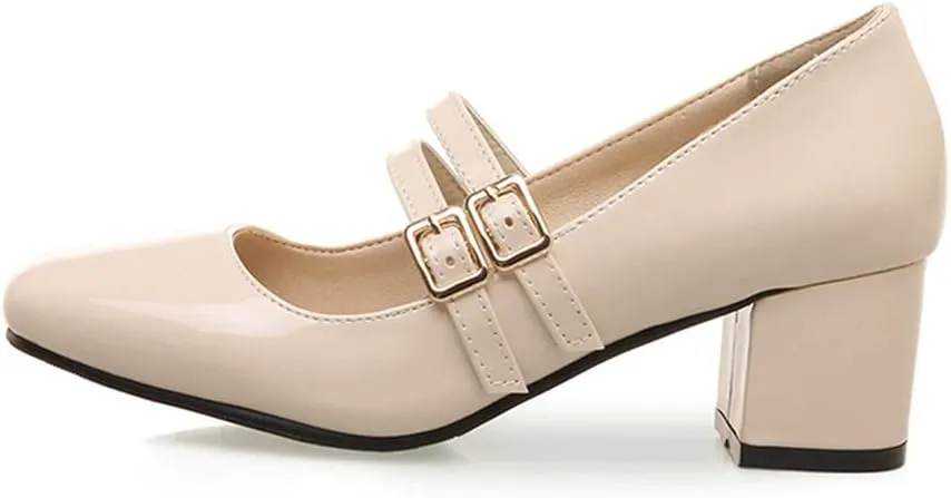 MIOKE Women's Mary Jane Pump Oxford Square Toe Patent Leather Buckle Strap Chunky Mid Heel Retro Dress Shoes